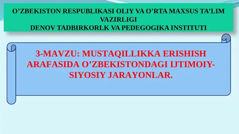O'ZBEKISTON RESPUBLIKASI OLIY VA O’RTA MAXSUS TA’LIM VAZIRLIGIDENOV TADBIRKORLK VA PEDEGOGIKA INSTITUTI 1