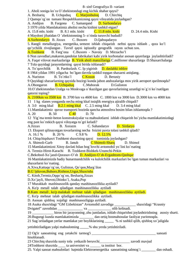 8- sinf Geografiya II- variant 1