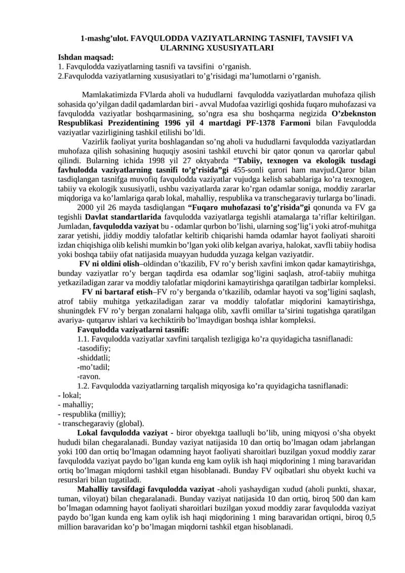Favqulodda vaziyatlarning tasnifi, tavsifi va ularning xususiyatlari 1