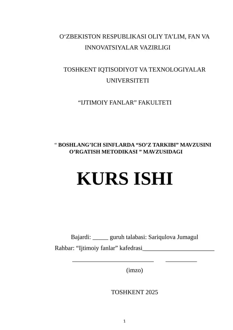 "BOSHLANG’ICH SINFLARDA “SO’Z TARKIBI” MAVZUSINI O’RGATISH METODIKASI" 1