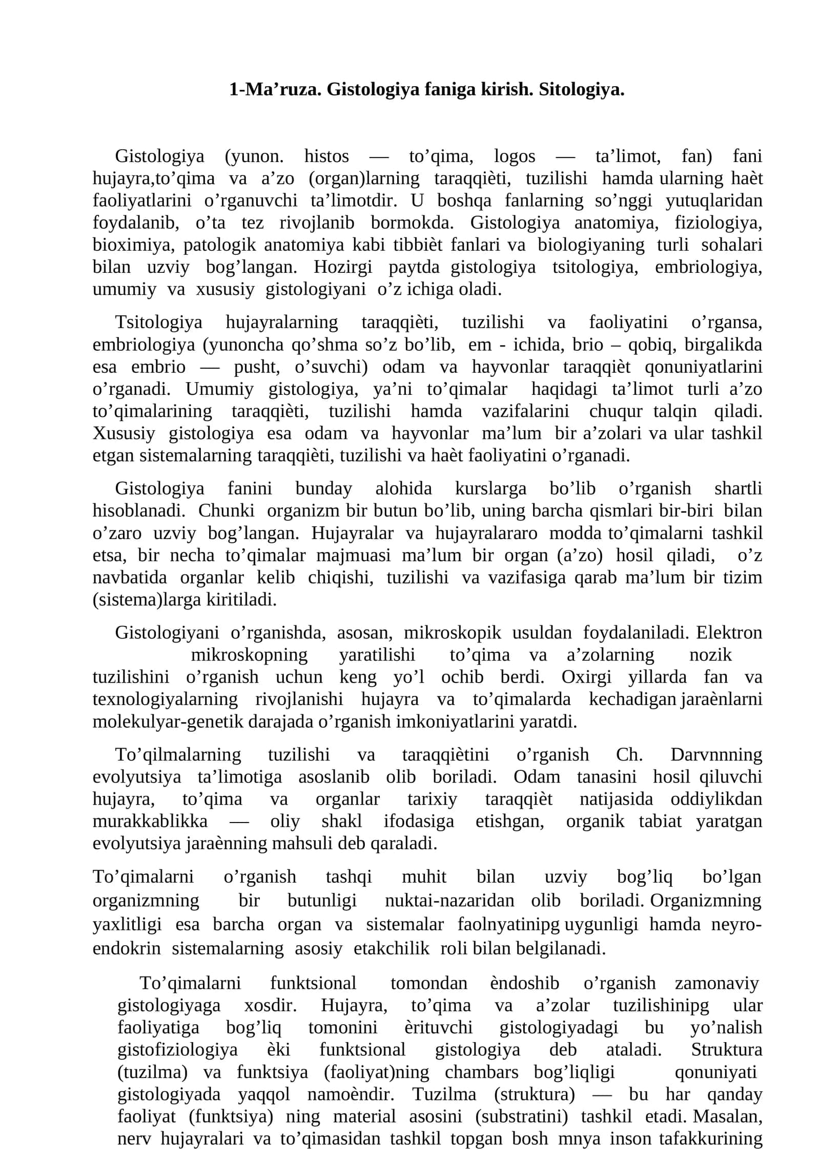 Gistologiya faniga kirish. Sitologiya 1