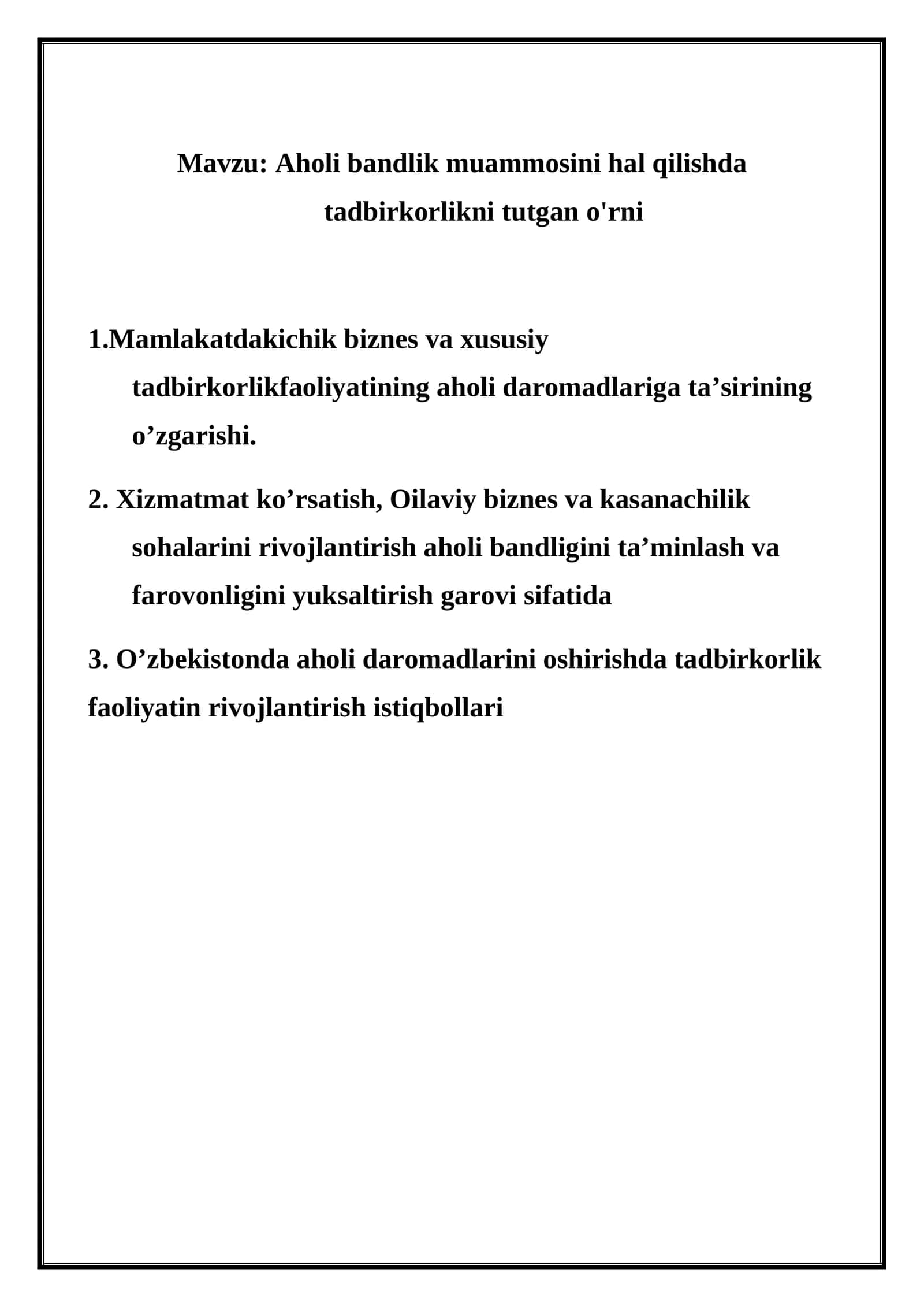 Aholi bandlik muammosini hal qilishda tadbirkorlikni tutgan o'rni 1