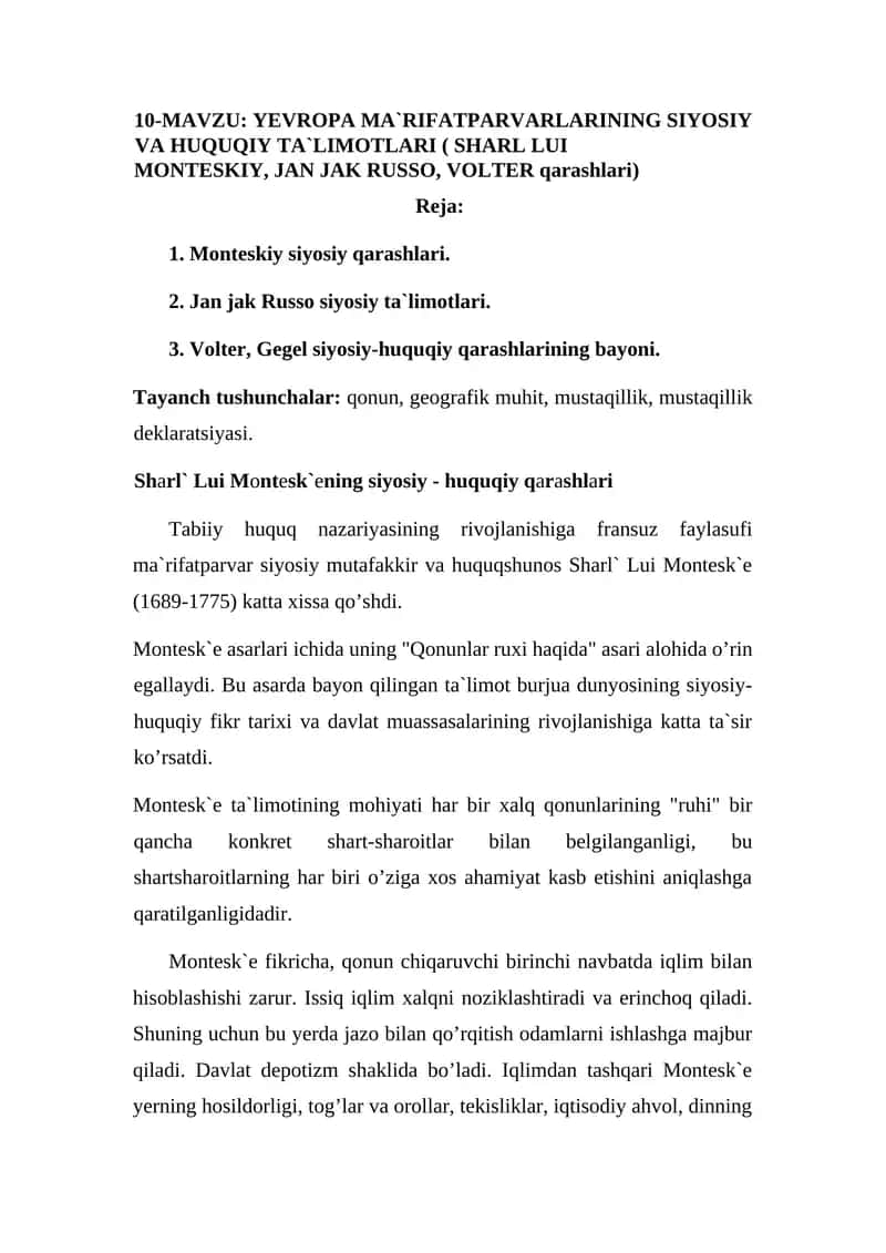 YEVROPA MA`RIFATPARVARLARINING SIYOSIY VA HUQUQIY TA`LIMOTLARI ( SHARL LUI MONTESKIY, JAN JAK RUSSO, VOLTER qarashlari 1