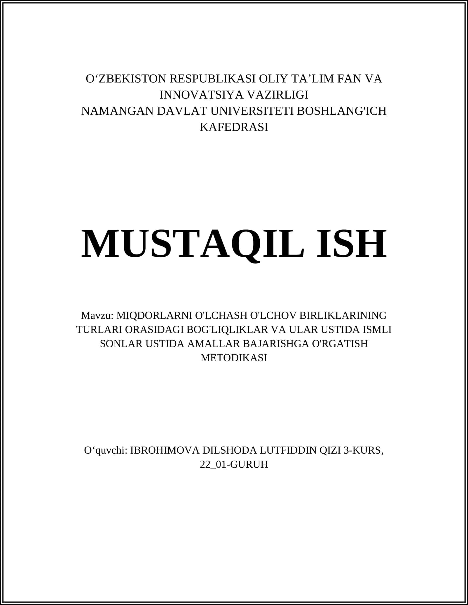MIQDORLARNI O'LCHASH O'LCHOV BIRLIKLARINING TURLARI ORASIDAGI BOG'LIQLIKLAR VA ULAR USTIDA ISMLI SONLAR USTIDA AMALLAR BAJARISHGA O'RGATISH METODIKASI 1