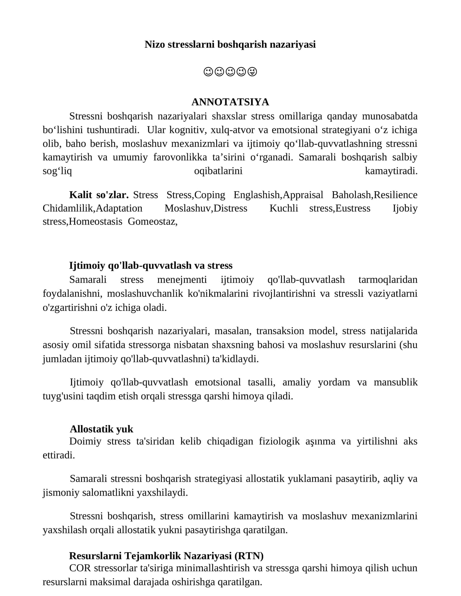 Nizo stresslarni boshqarish nazariyasi 1