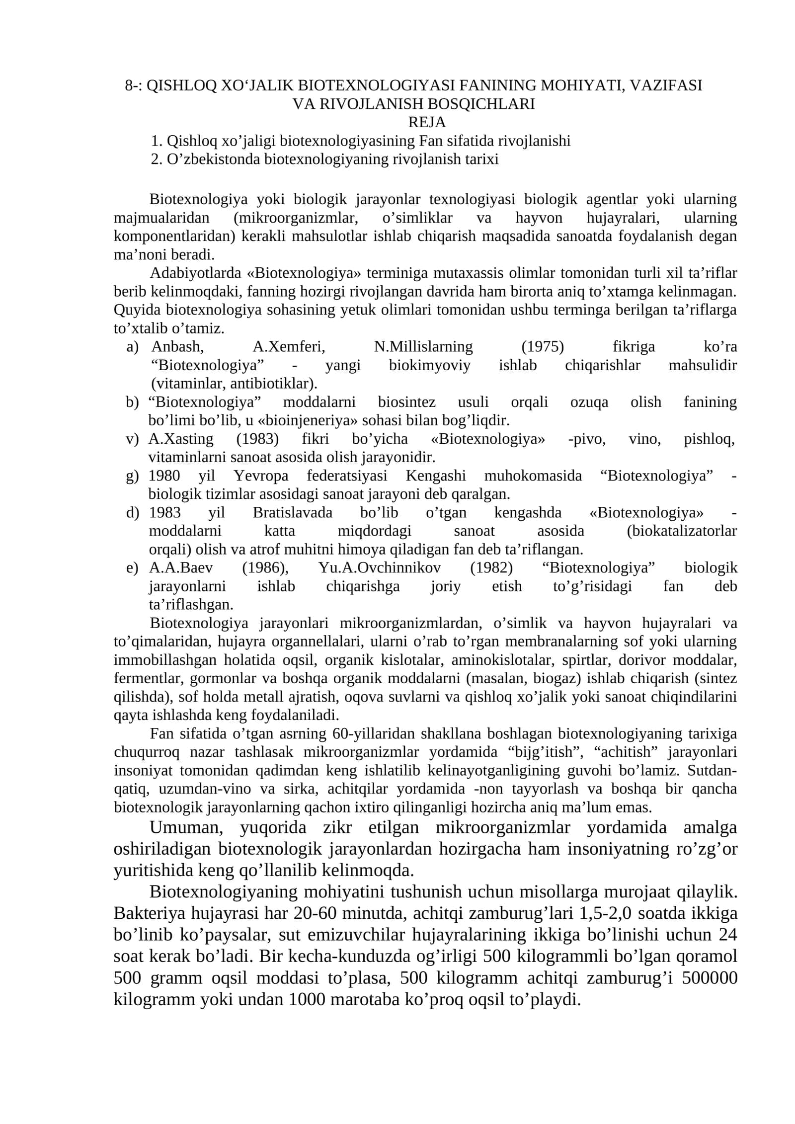 QISHLOQ XO‘JALIK BIOTEXNOLOGIYASI FANINING MOHIYATI, VAZIFASI VA RIVOJLANISH BOSQICHLARI 1