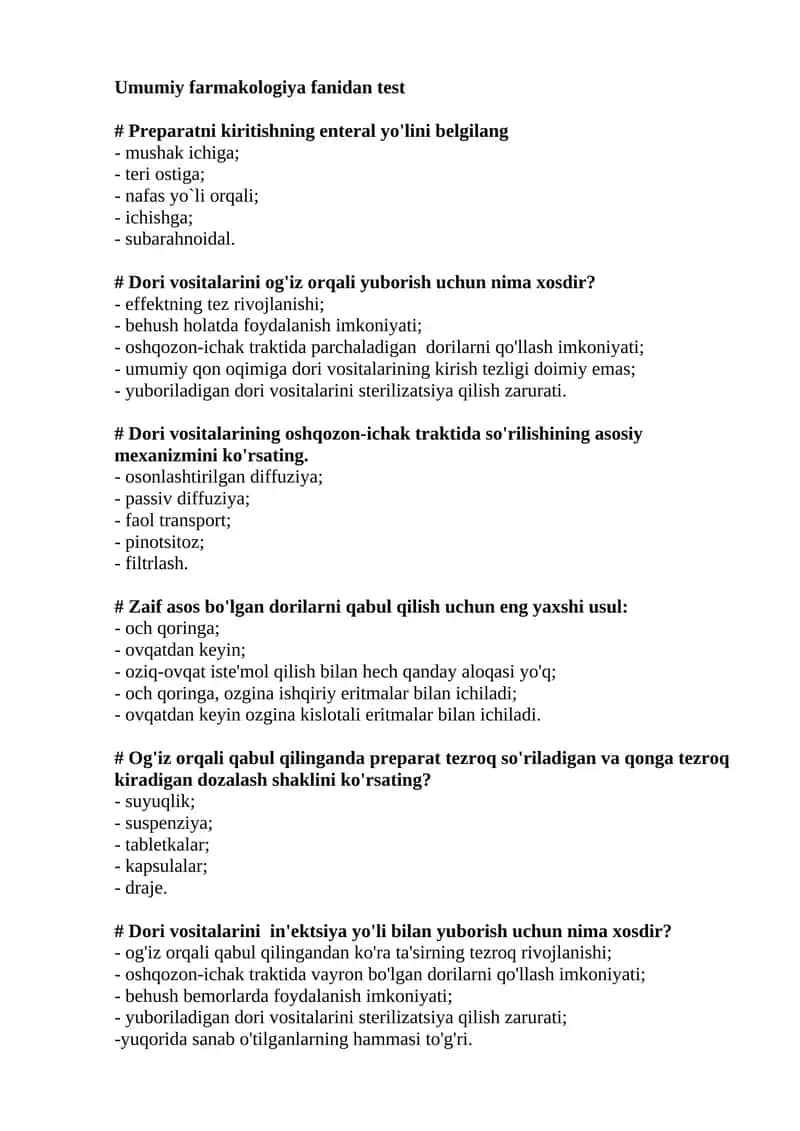 Umumiy farmakologiya fanidan test 1