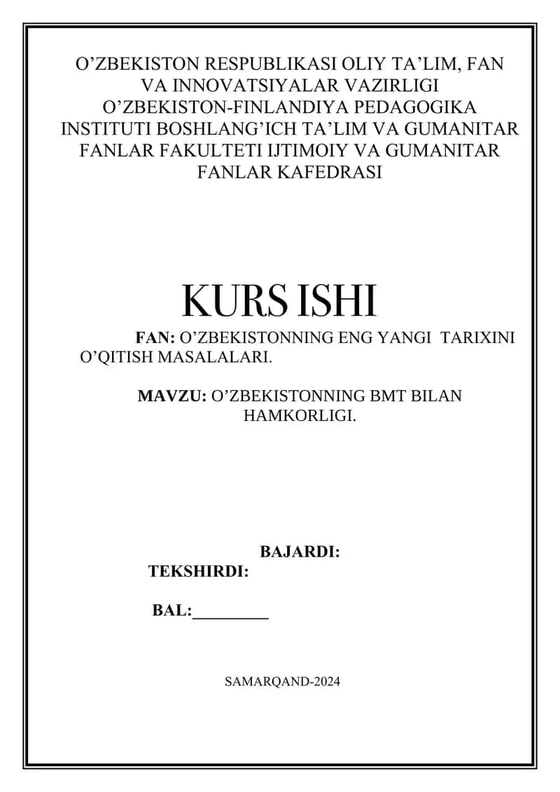 O’zbekostonning bmt bilan hamkorligi kurs ishi 1