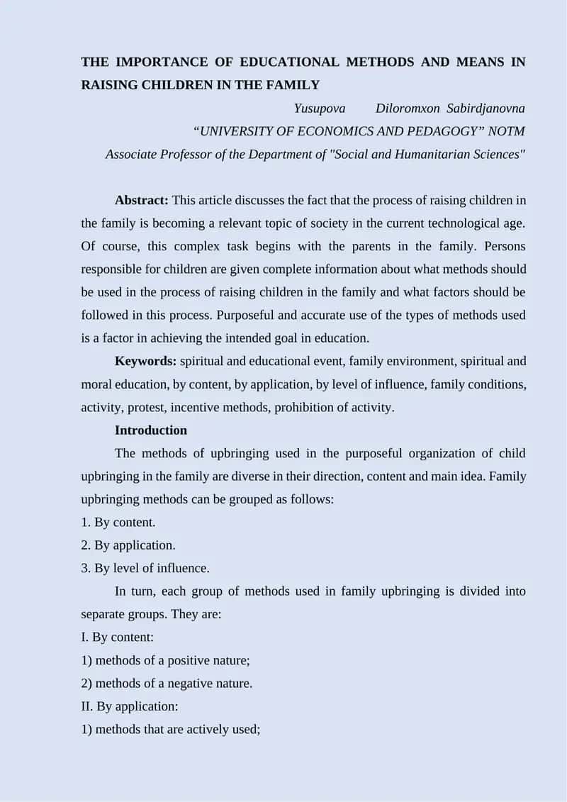 THE IMPORTANCE OF EDUCATIONAL METHODS AND MEANS IN RAISING CHILDREN IN THE FAMILY 1
