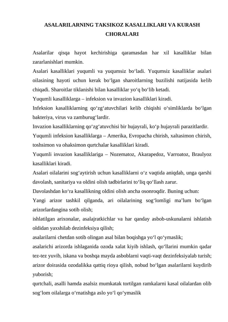 ASALARILARNING TAKSIKOZ KASALLIKLARI VA KURASH CHORALARI 1