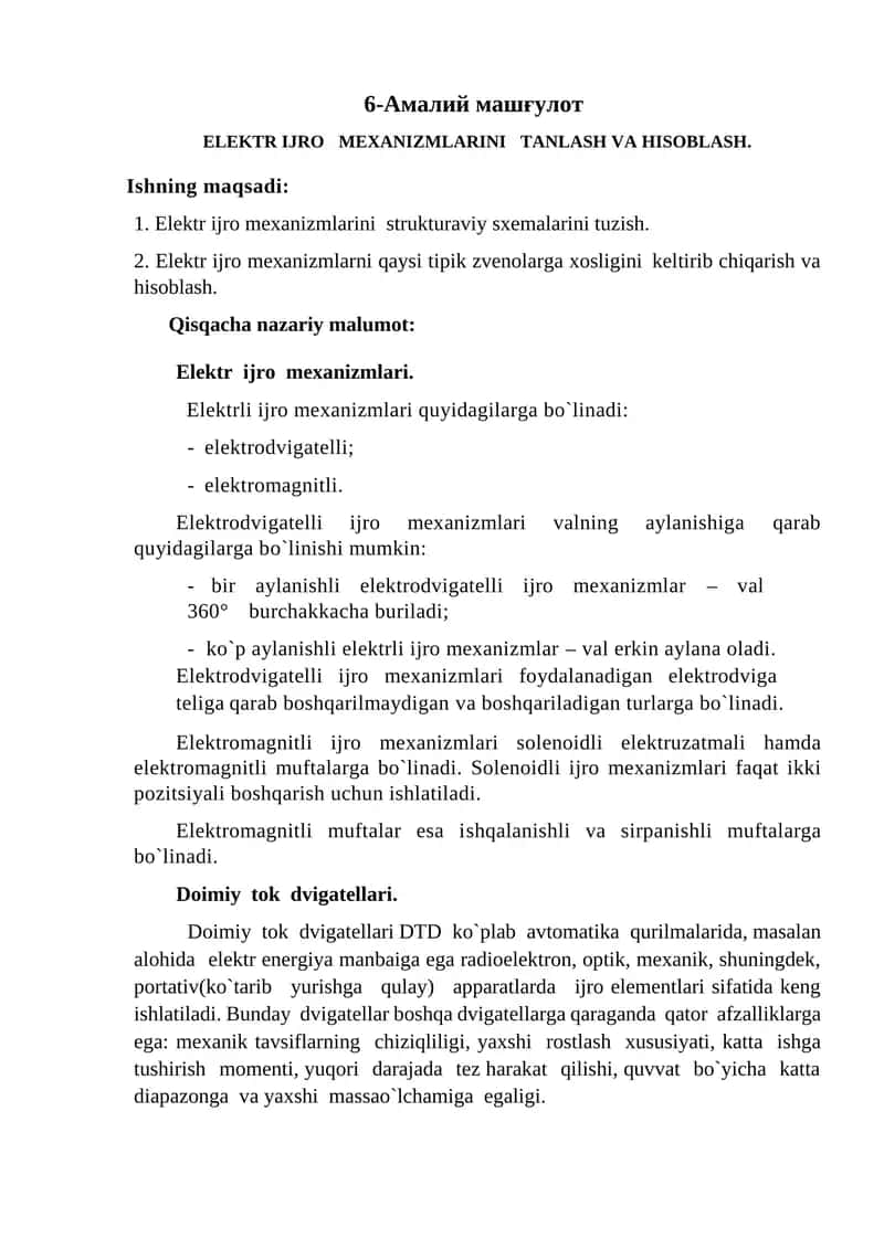 Elektr Ijro Mexanizmlarini Tanlash va Hisoblash 1