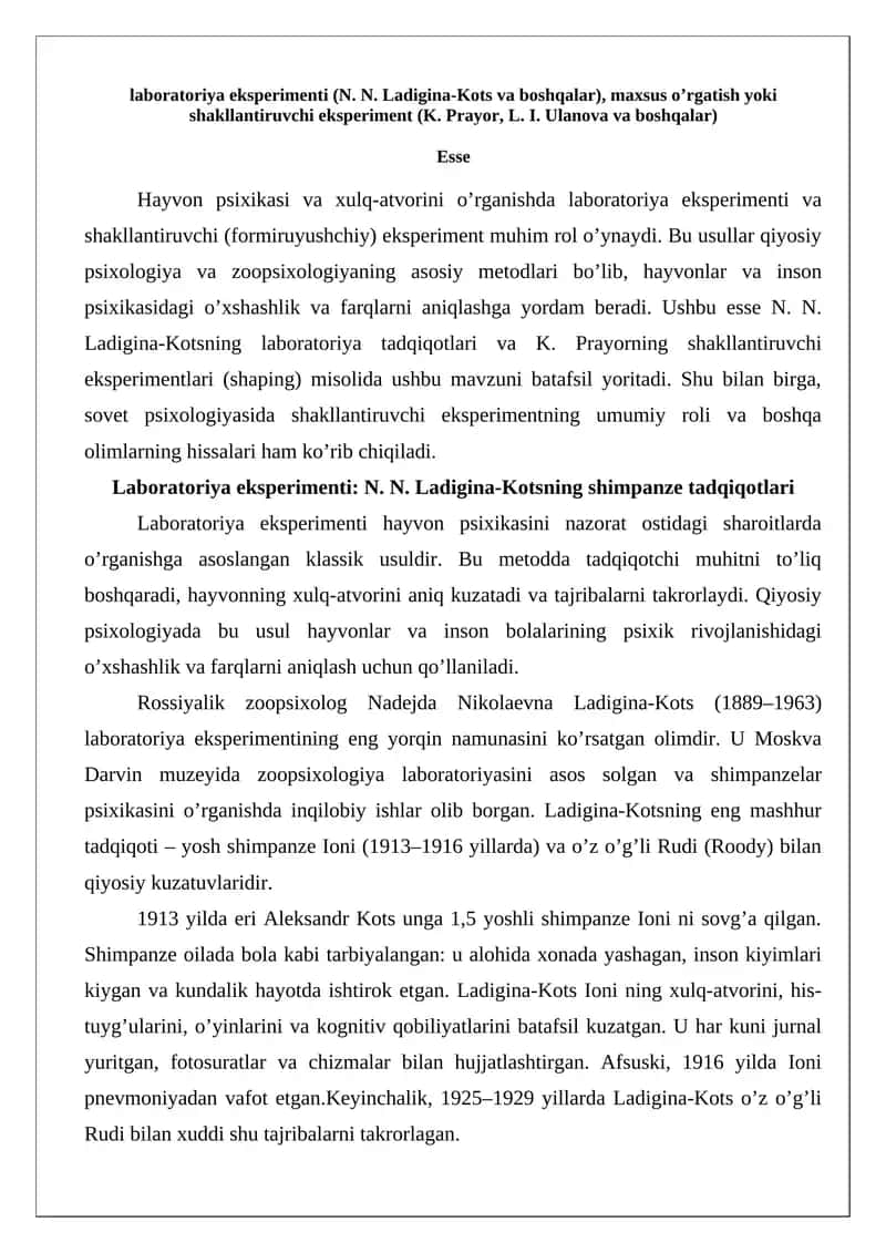 Laboratoriya Eksperimenti (N. N. Ladigina-Kots va boshqalar) 1