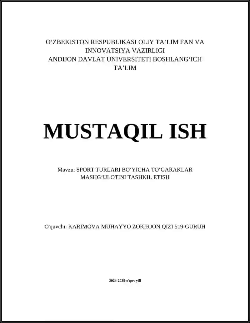 SPORT TURLARI BOʻYICHA TOʻGARAKLAR MASHGʻULOTINI TASHKIL ETISH