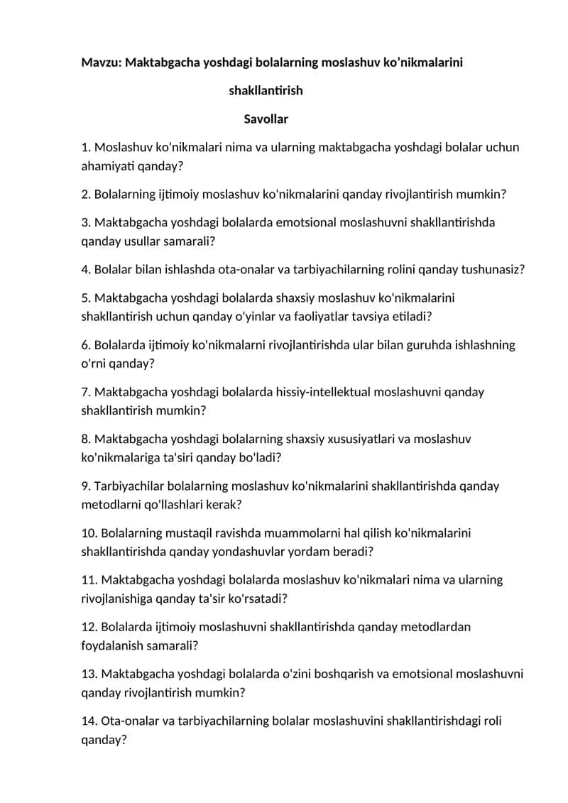 Maktabgacha yoshdagi bolalarning moslashuv ko’nikmalarini shakllantirish 1