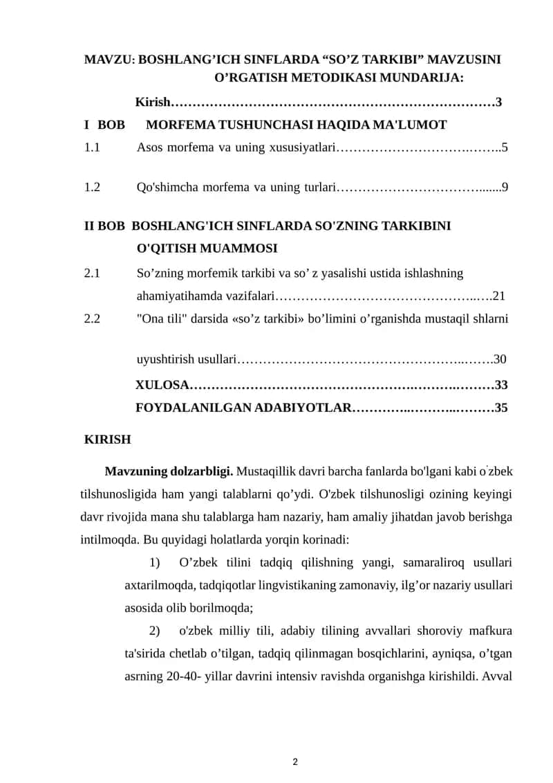 "Boshlang’ich sinflarda “So’z tarkibi” mavzusini o’rgatish metodikasi" 1
