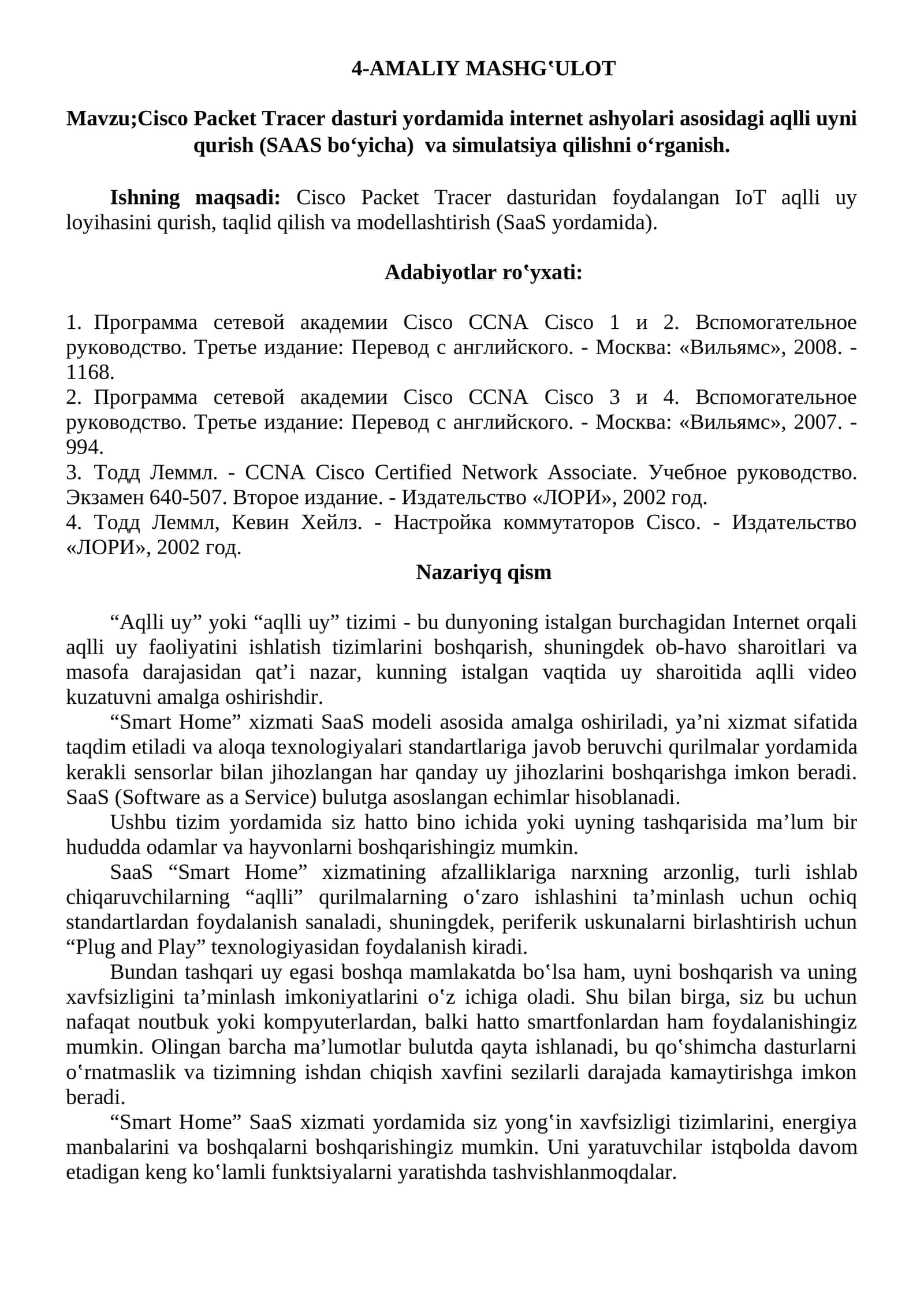 Cisco Packet Tracer dasturi yordamida internet ashyolari asosidagi aqlli uyni qurish va simulatsiya qilishni o‘rganish (SAAS bo‘yicha) 1