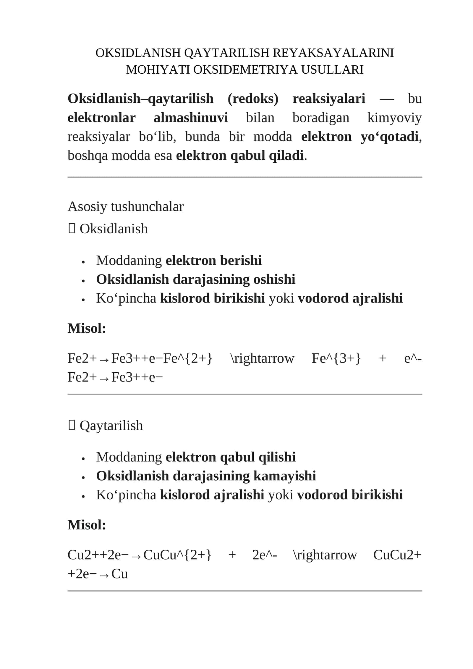 Oksidlanish Qaytarilish Reyaksayalarini Mohiyati Oksidemetriya Usullari 1