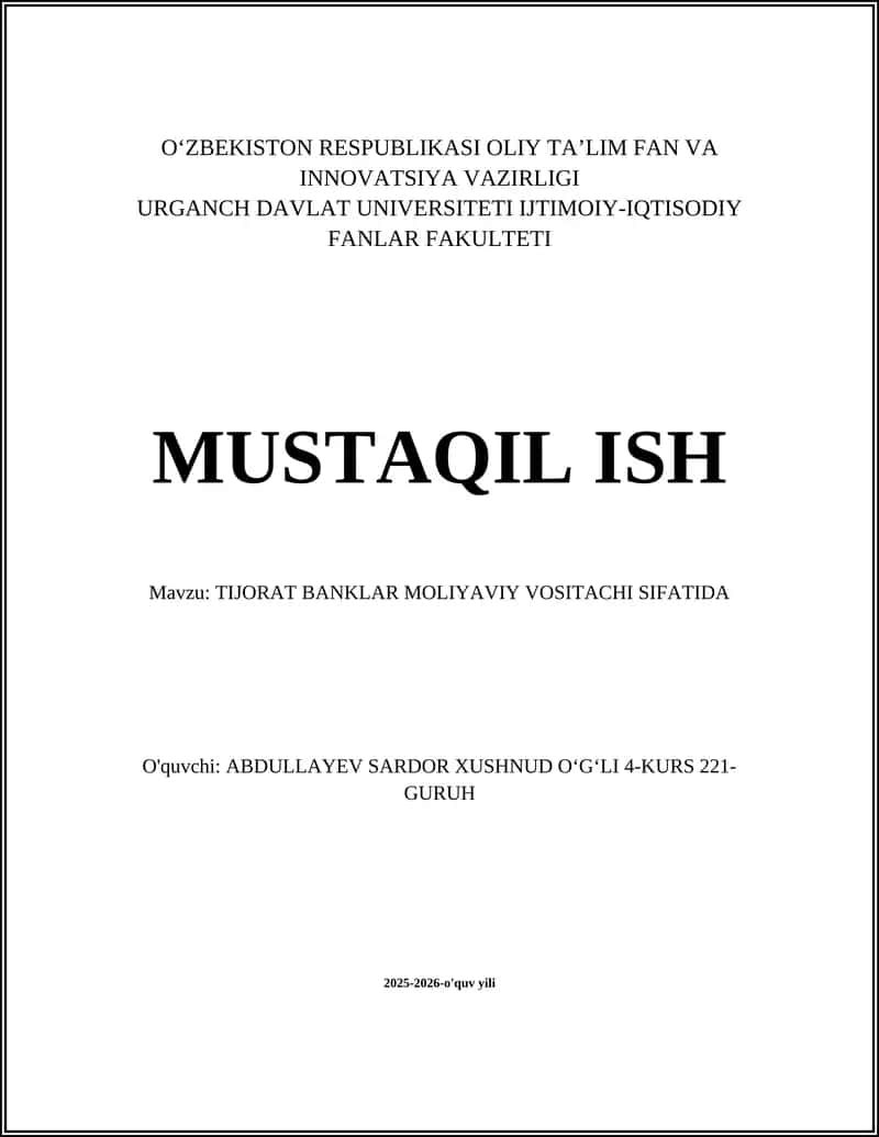 TIJORAT BANKLAR MOLIYAVIY VOSITACHI SIFATIDA 1
