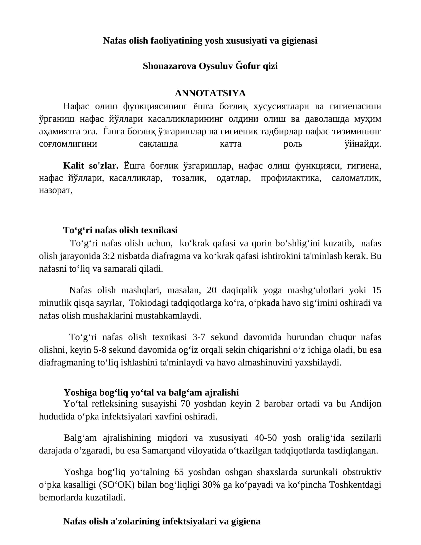 Nafas olish faoliyatining yosh xususiyati va gigienasi 1