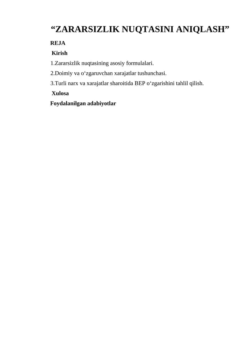 Zararsizlik nuqtasini aniqlovchi formulalar 1