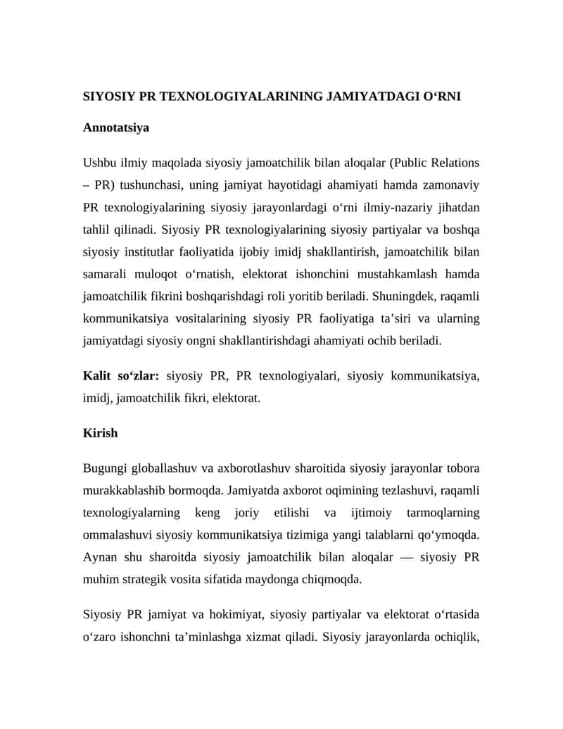 SIYOSIY PR TEXNOLOGIYALARINING JAMIYATDAGI O‘RNI 1