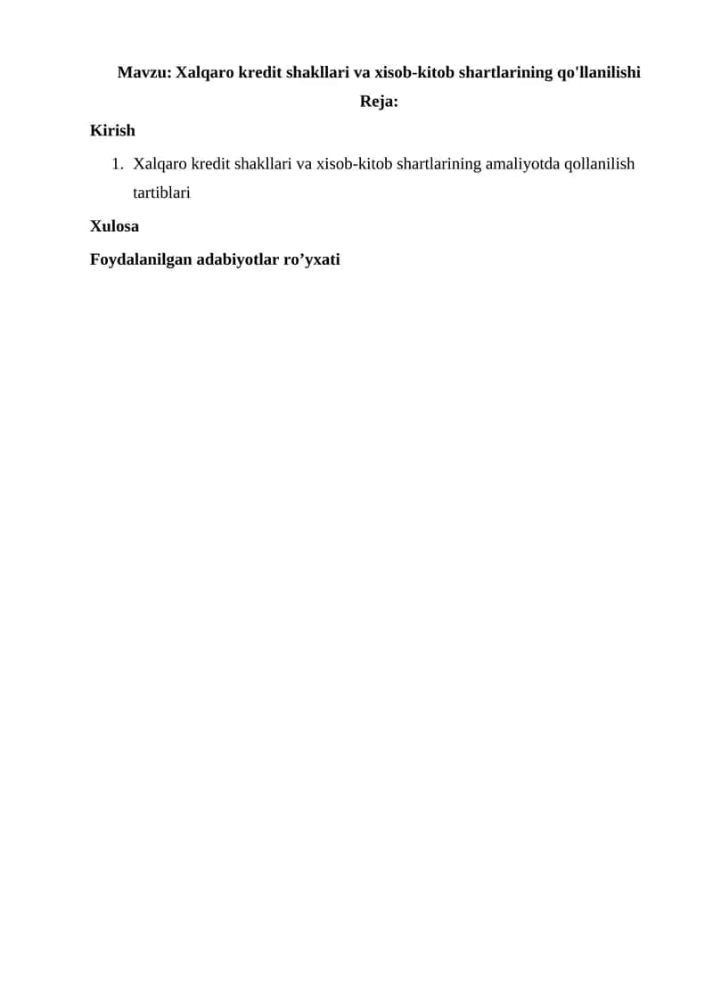 Xalqaro kredit shakllari va xisob-kitob shartlarining qo'llanilishi 1