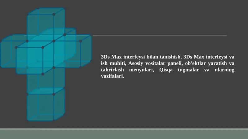 3Ds Max interfeysi bilan tanishish, 3Ds Max interfeysi va ish muhiti, Asosiy vositalar paneli, ob'ektlar yaratish va tahrirlash menyulari, Qisqa tugmalar va ularning vazifalari. 1