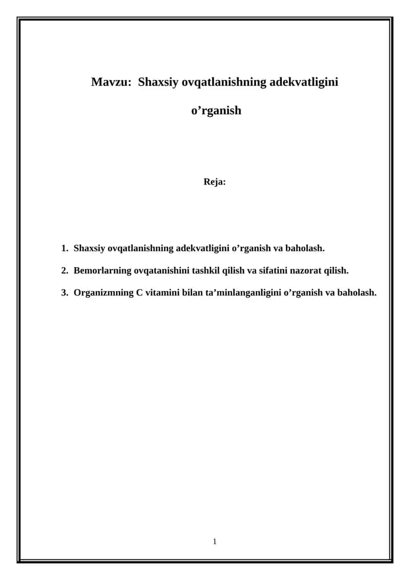 Shaxsiy ovqatlanishning adekvatligi 1