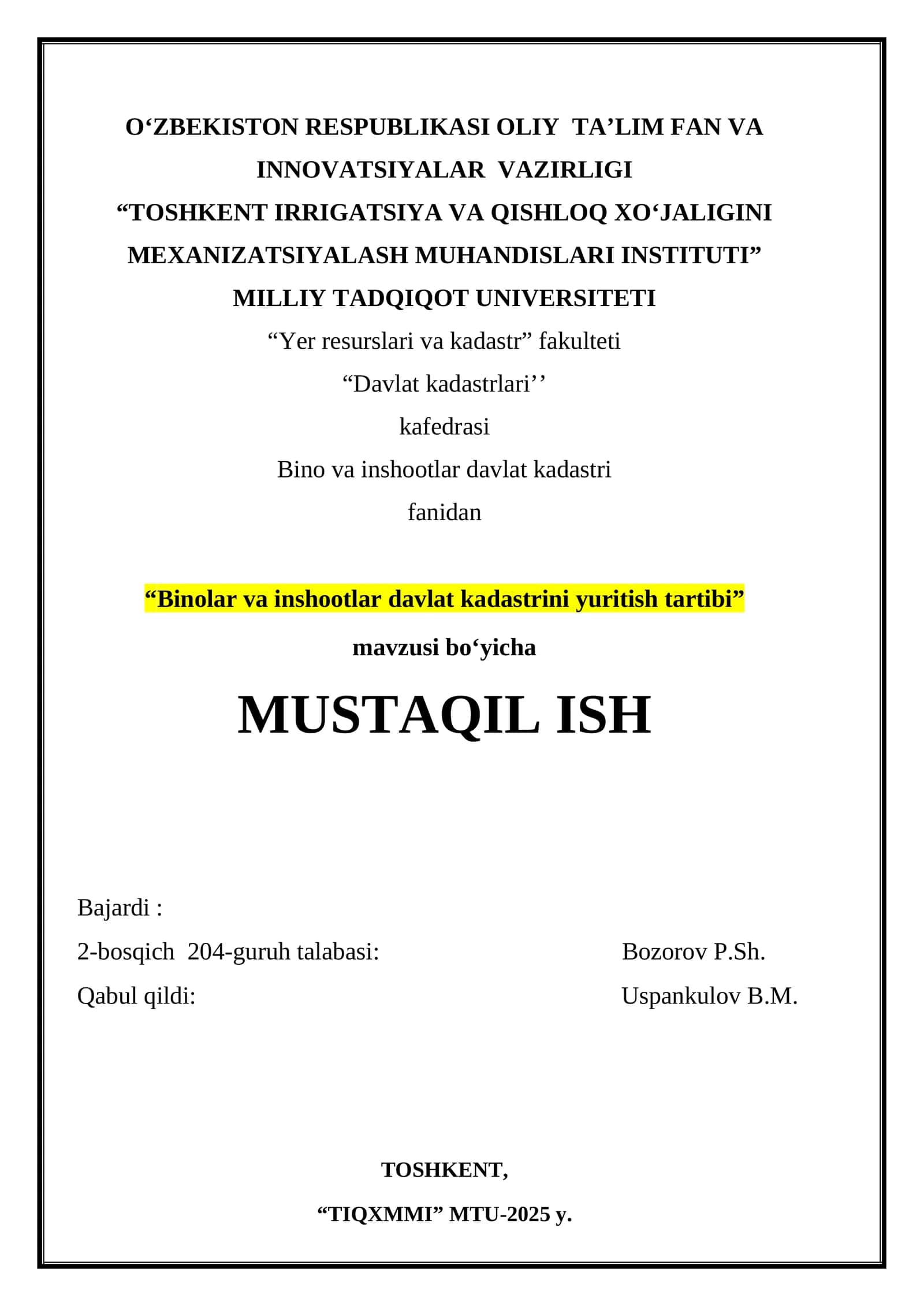 "Binolar va inshootlar davlat kadastrini yuritish tartibi" 1