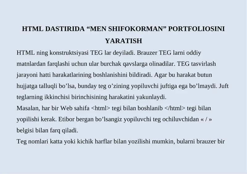 HTML DASTIRIDA “MEN SHIFOKORMAN” PORTFOLIOSINI YARATISH 1