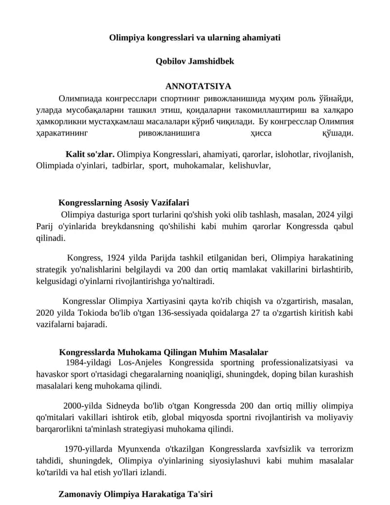 Olimpiya kongresslari va ularning ahamiyati 1