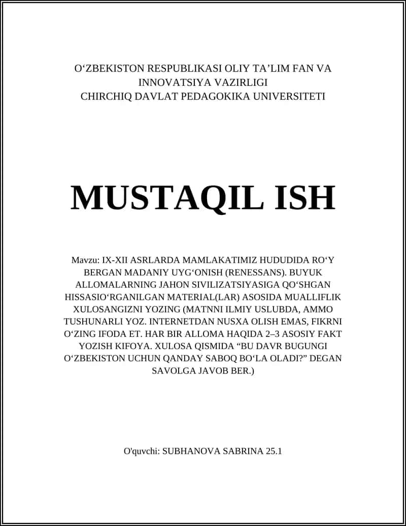 IX-XII ASRLARDA MAMLAKATIMIZ HUDUDIDA RO‘Y BERGAN MADANIY UYG‘ONISH (RENESSANS) 1