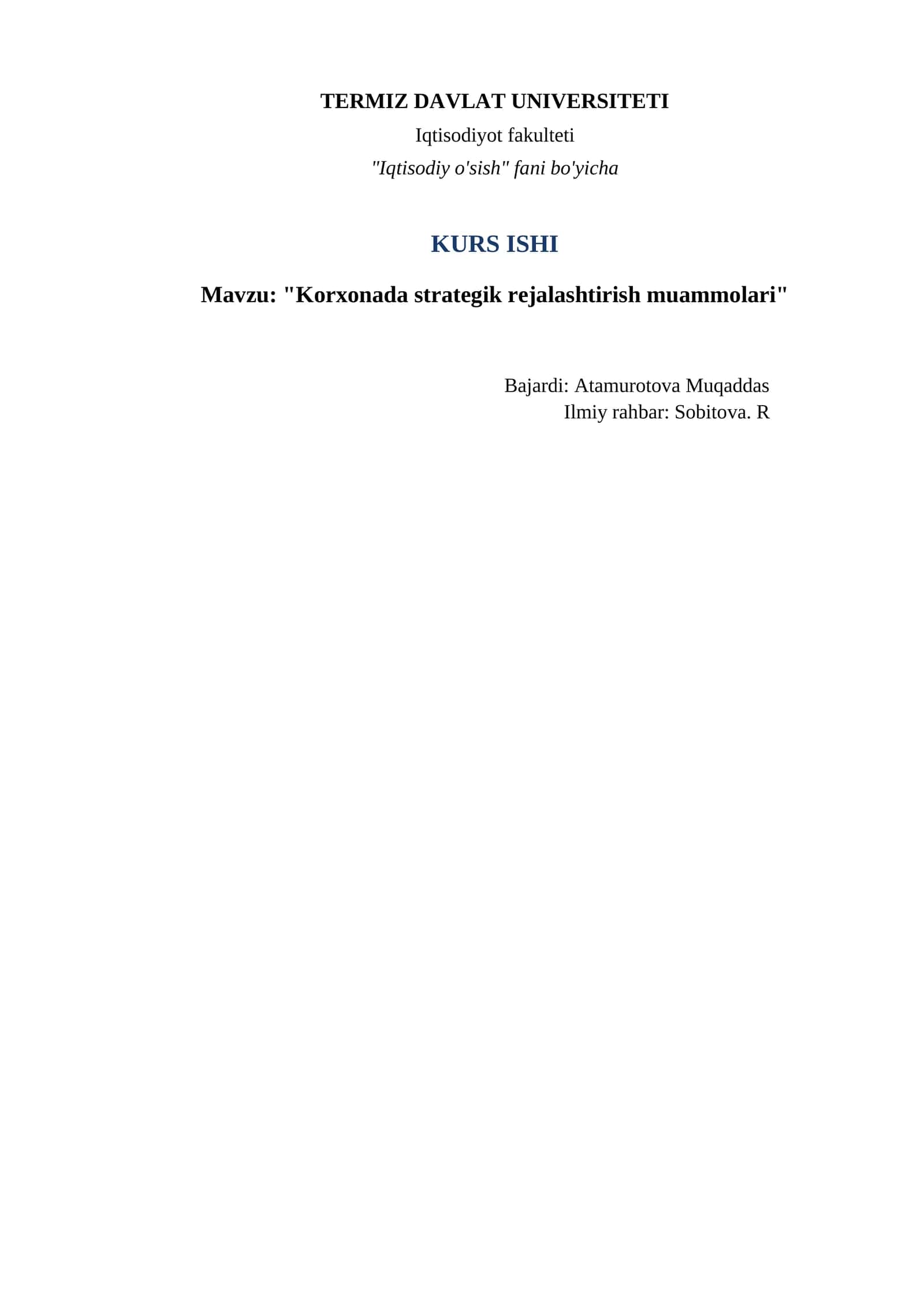 Kurs ishi "Korxonada strategik rejalashtirish muammolari" 1
