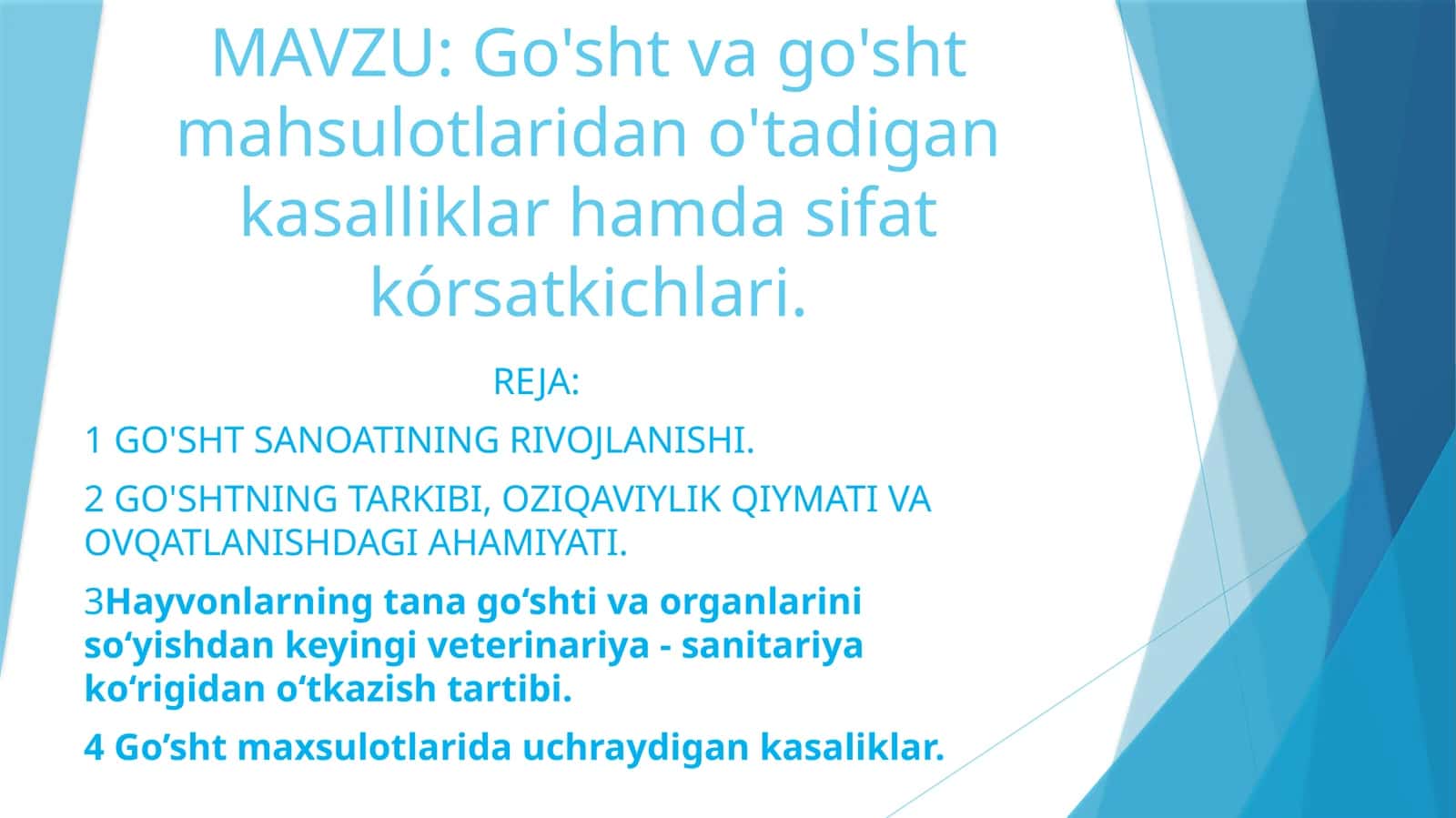 Go'sht va go'sht mahsulotlaridan o'tadigan kasalliklar hamda sifat kórsatkichlari. 1