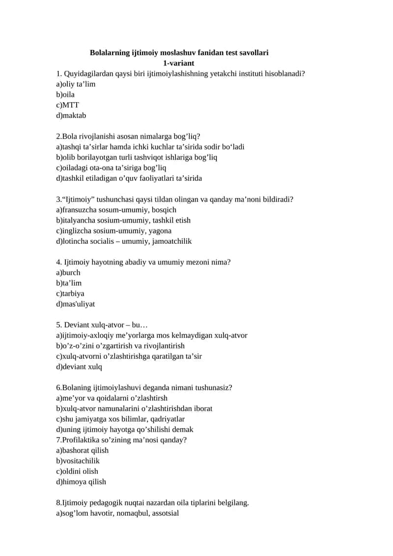 Bolalarning ijtimoiy moslashuv fanidan test savollari 1