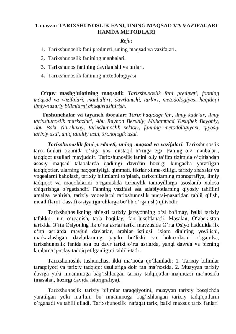 TARIXSHUNOSLIK FANI, UNING MAQSAD VA VAZIFALARI HAMDA METODLARI 1