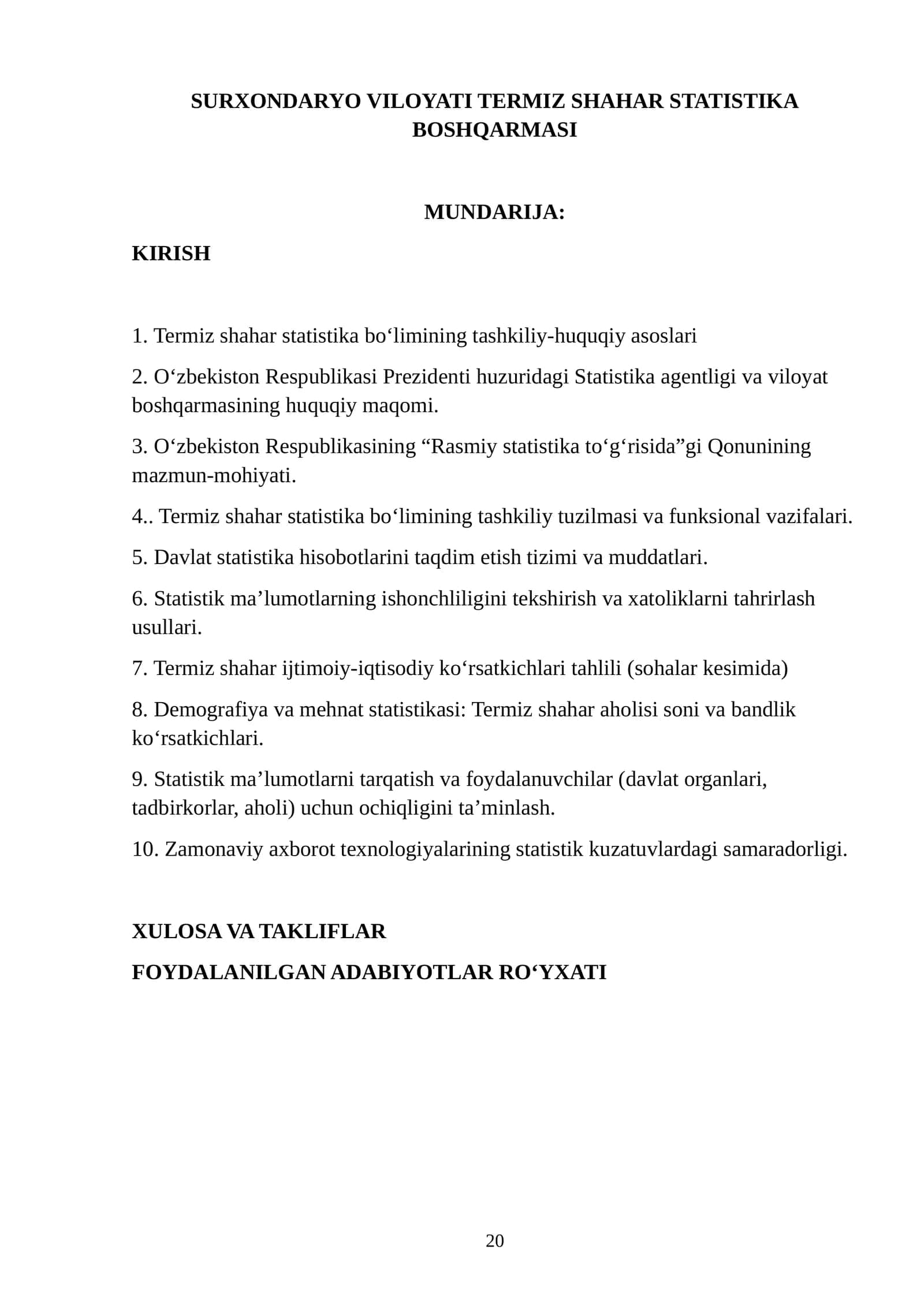 Statistika boshqarmasi amaliyot hisoboti 1