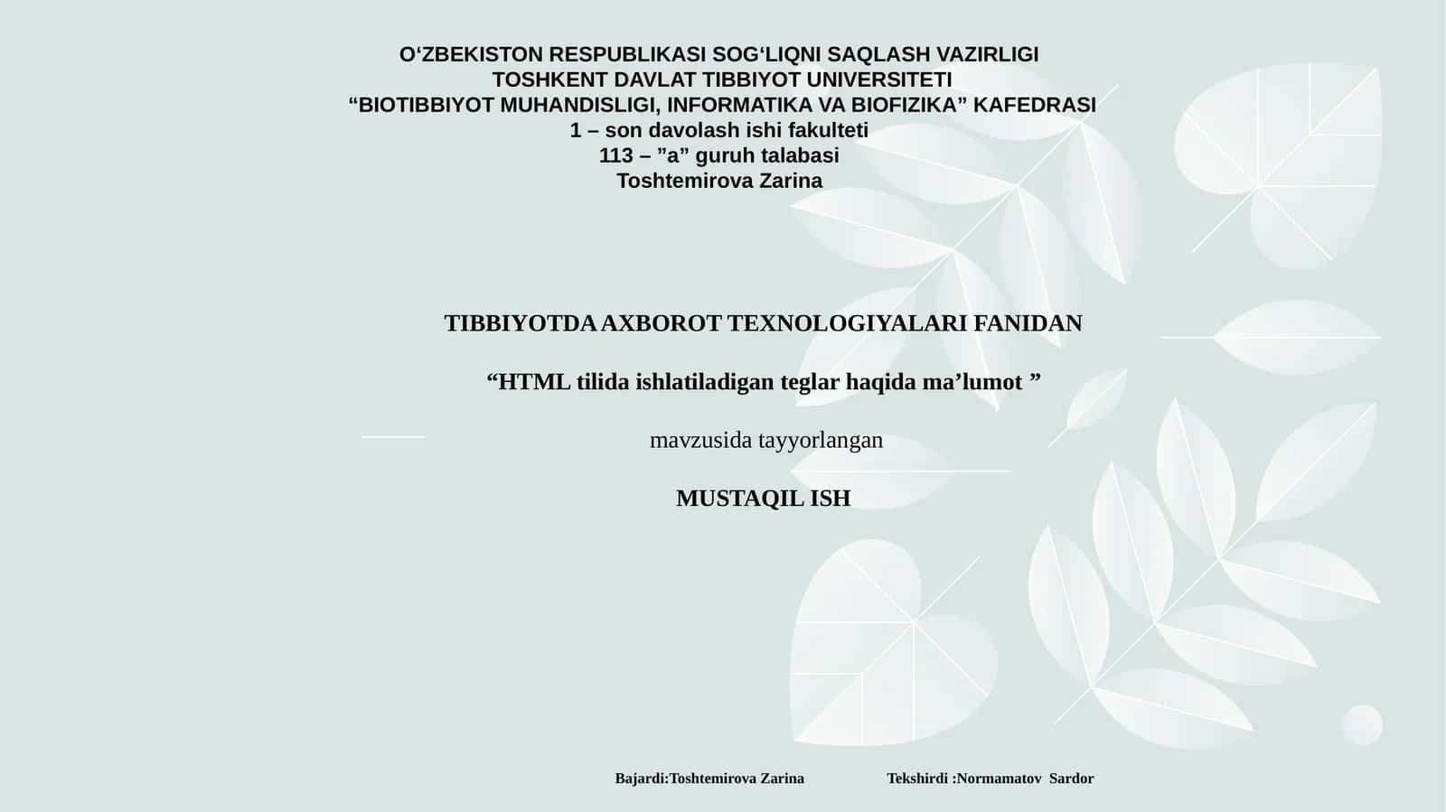 TIBBIYOTDA AXBOROT TEXNOLOGIYALARI FANIDAN “HTML tilida ishlatiladigan teglar haqida ma’lumot” mavzusida tayyorlangan MUSTAQIL ISH 1