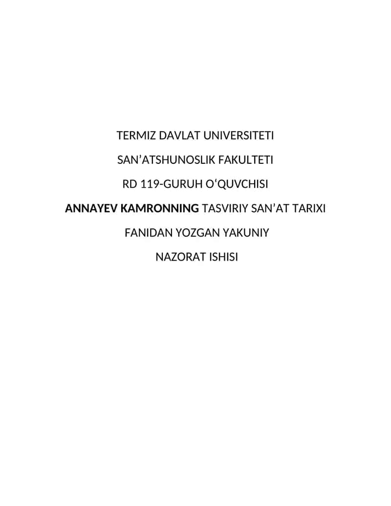 Annayev Kamronning Tasviriy San'at Tarixi 1