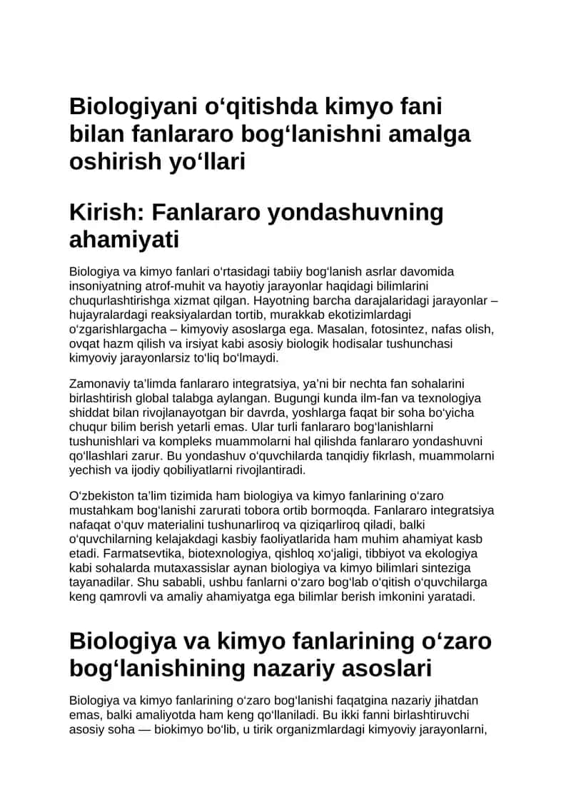 Biologiyani o‘qitishda kimyo fani bilan fanlararo bog‘lanishni amalga oshirish yo‘llari 1