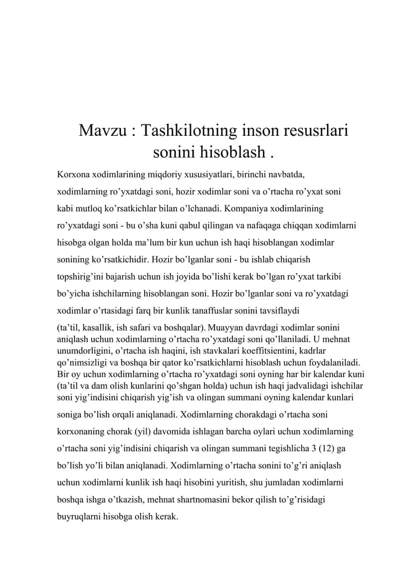 Tashkilotning inson resurslari sonini hisoblash 1