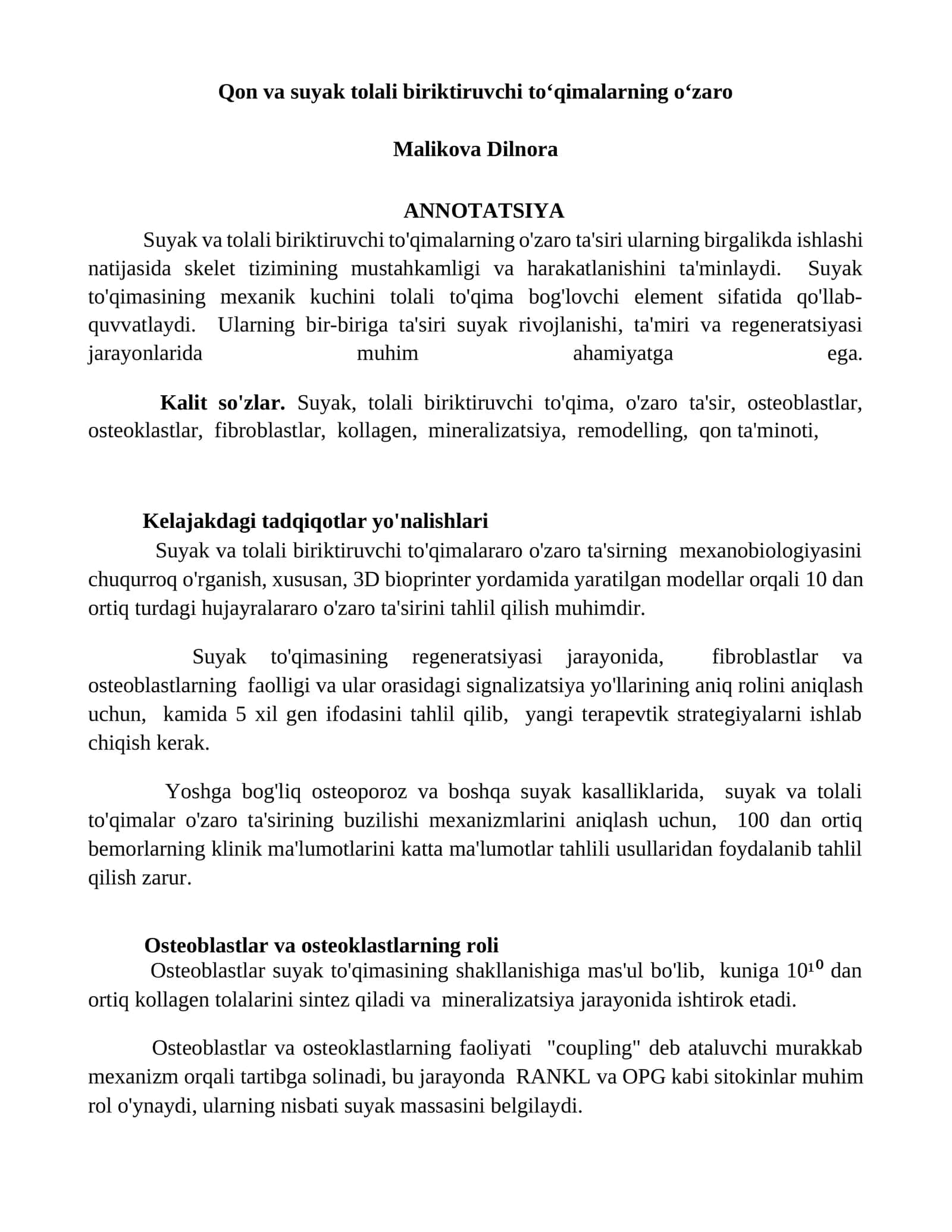 Suyak va tolali biriktiruvchi to'qimalararo o'zaro ta'sir 1