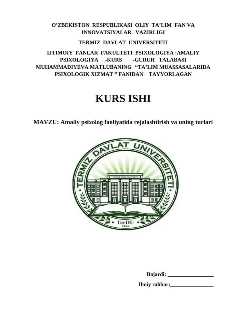 Amaliy psixolog faoliyatida rejalashtirish va uning turlari 1