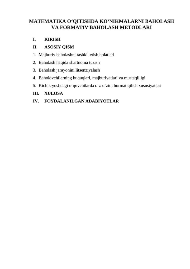 MATEMATIKA O‘QITISHDA KO‘NIKMALARNI BAHOLASH VA FORMATIV BAHOLASH METODLARI 1