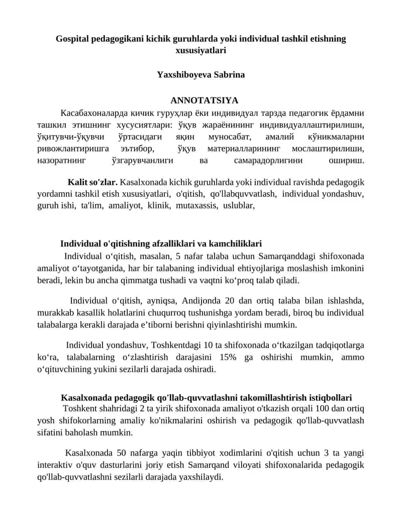 Gospital pedagogikani kichik guruhlarda yoki individual tashkil etishning xususiyatlari 1