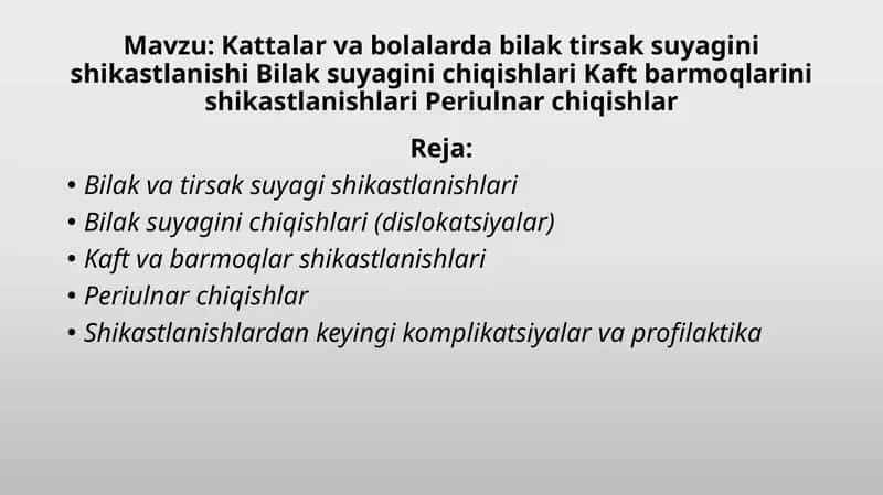 Kattalar va bolalarda bilak tirsak suyagini shikastlanishi Bilak suyagini chiqishlari Kaft barmoqlarini shikastlanishlari Periulnar chiqishlar 1