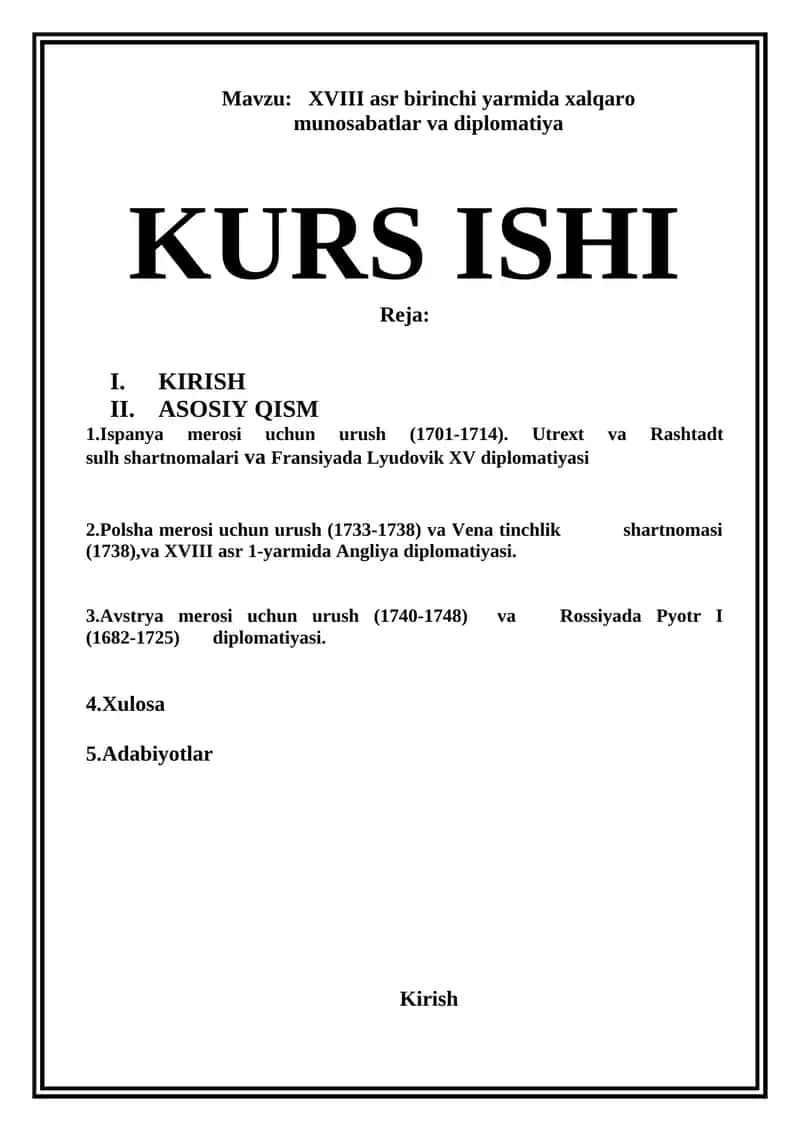 XVIII asr birinchi yarmida xalqaro munosabatlar va diplomatiya 1