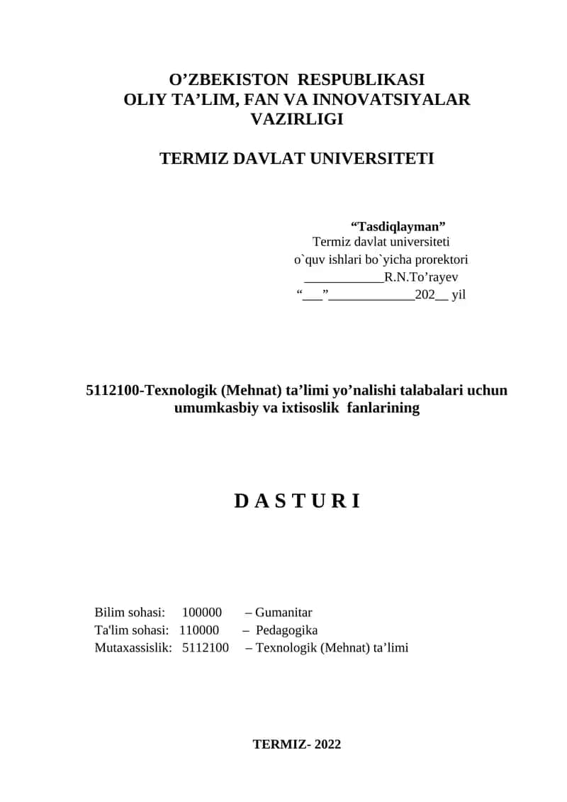 Texnologik (Mehnat) ta’limi Dasturi 1