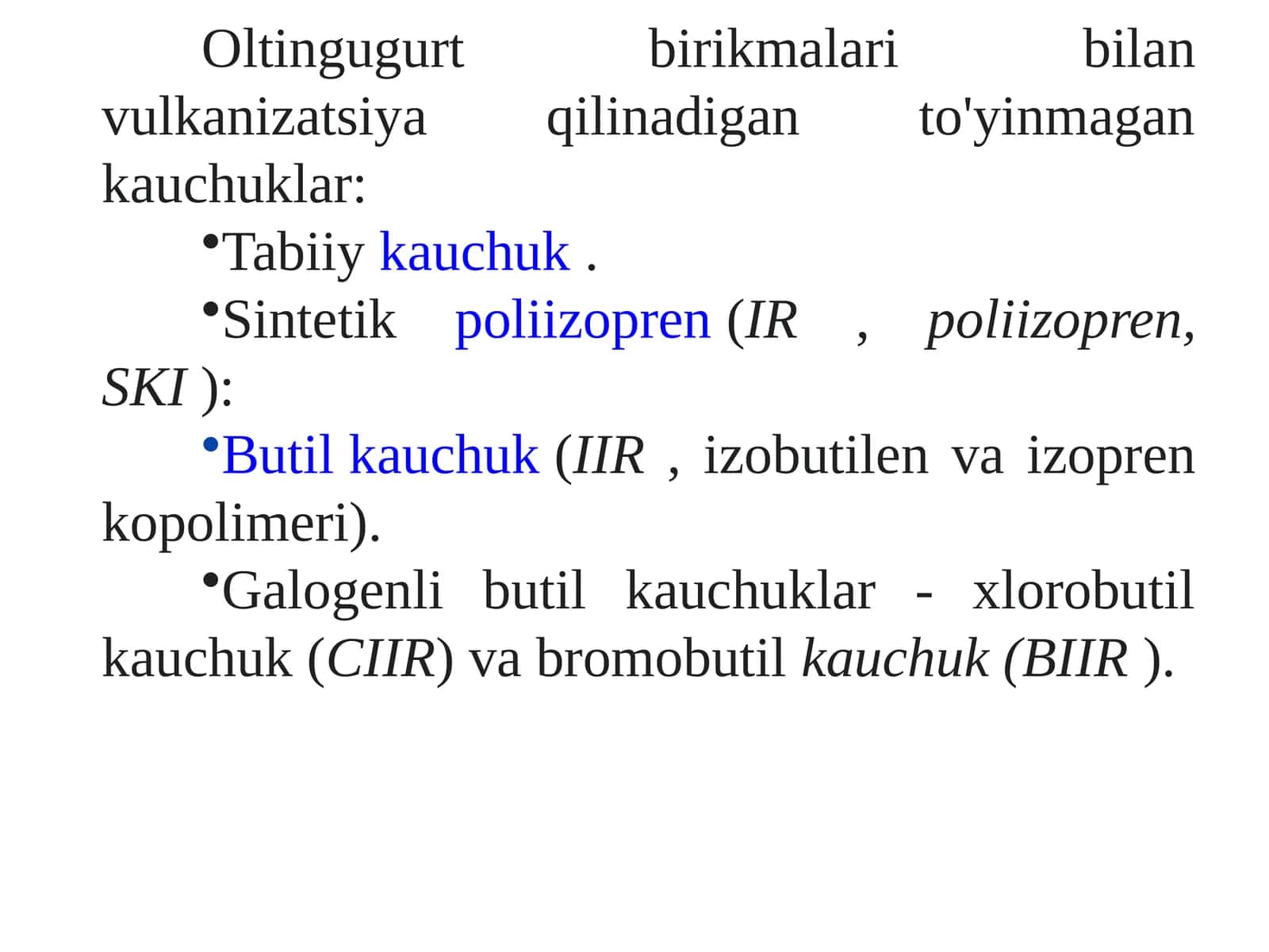 Oltingugurt birikmalari bilan vulkanizatsiya qilinadigan to'yinma g'ankaunchuklar 1