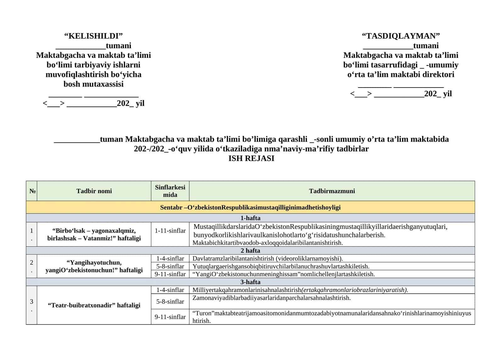 Maktab maʼnaviy tarbiyaviy ish rejasi 1